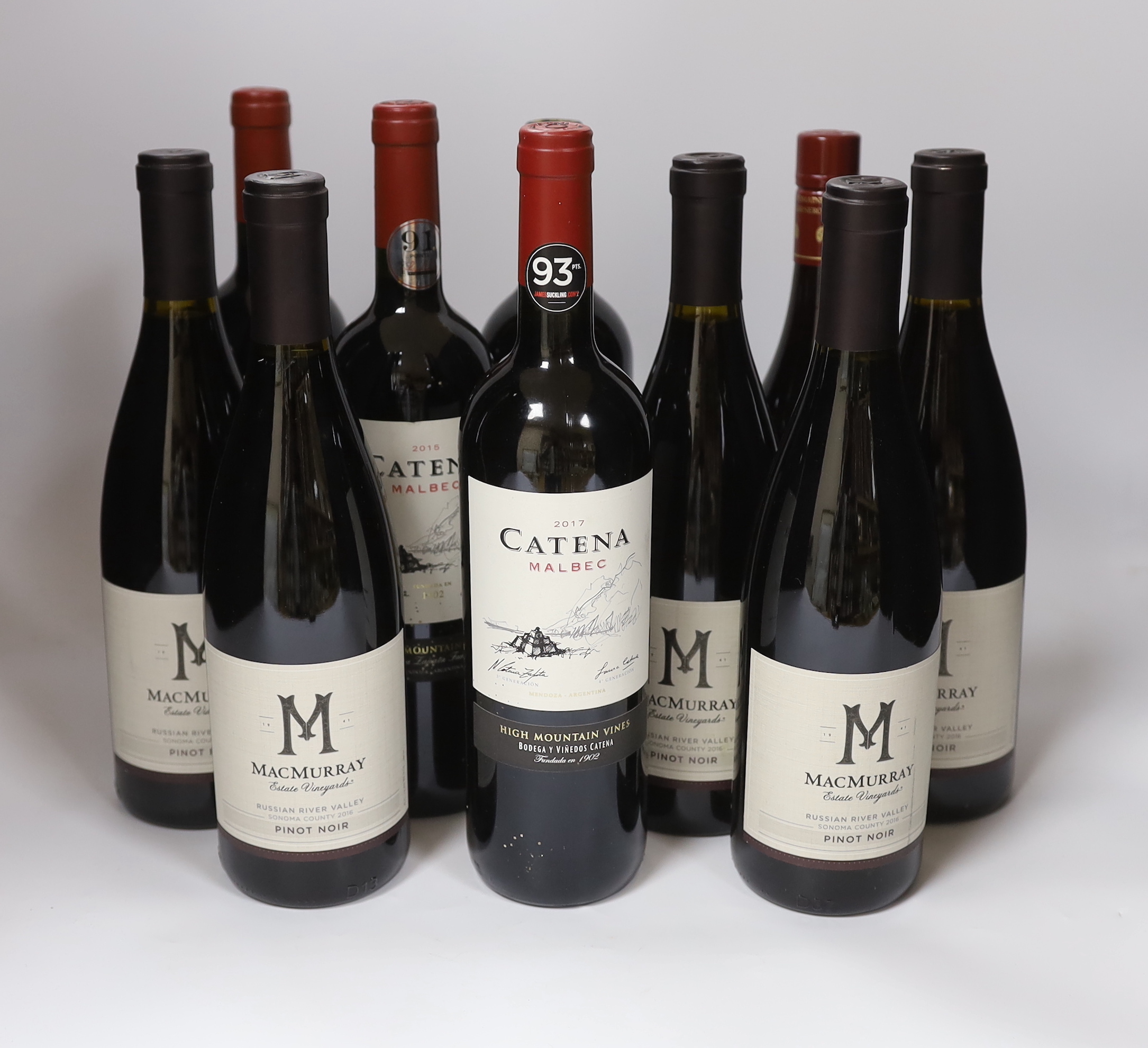 Ten bottles of wine - five bottles of Macmurray Pinot noir, three bottles of Catena Malbec (2015,2016 & 2017), a bottle of Domaine Carneros Avant Garde Pinot noir 2020 and a bottle of Fugue de Nénin Pomerol 2008